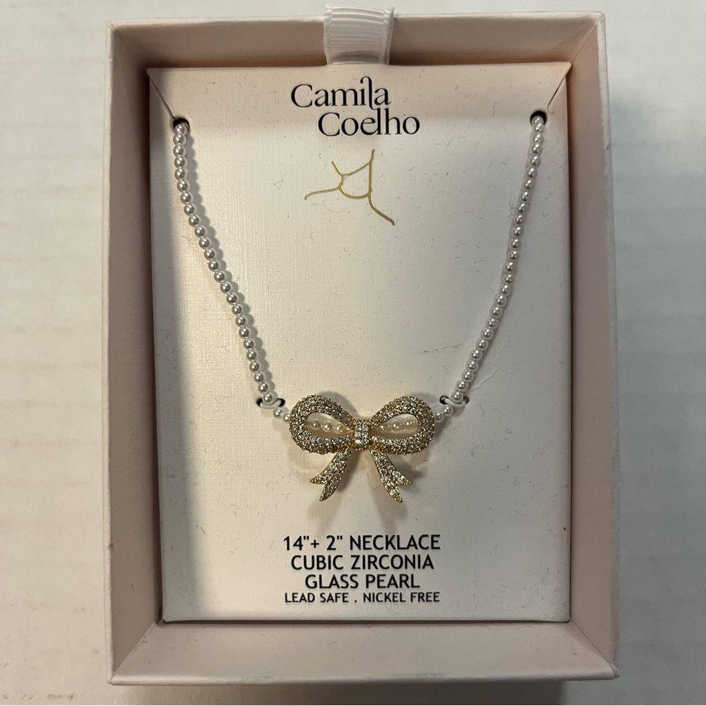 Camila Coelho Bow Necklace Cubic Zirconia Stone Bow w/ Glass Pearl Chain NIB